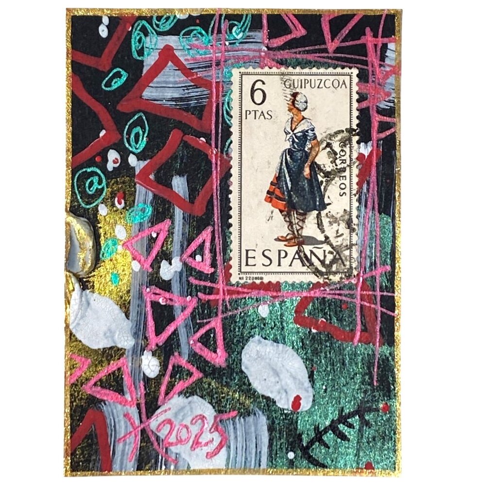 ACEO Original Art Acrylic Collage Mixed Media 1968 Spain Postage Stamp ATC